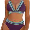 Blooming Jelly Womens High Waisted Bikini Sets Color Block Two Piece Swimsuit V Neck Crisscross Back Bathing Suit (Large, Purple)