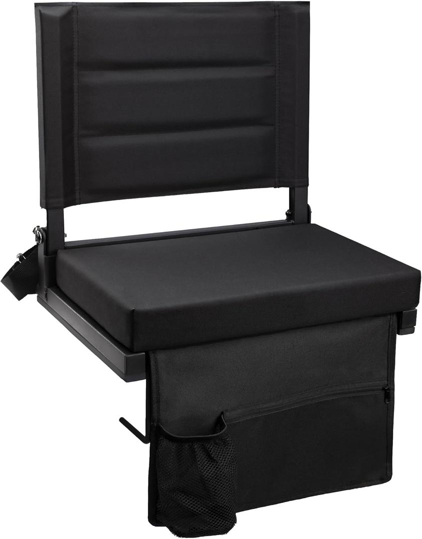 Stadium Seats for Bleachers with Back Support, Portable Bleacher Seats with Thick Padded Cushion and Shoulder Strap, Wide Stadium Seat Chair Includes Hooks, Cup Holder and Side Pocket (Black)