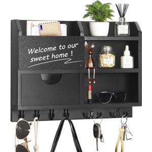 Key Holder Wall Mount, 14.5x11.2x3.5'' Larger 3-Tier Shelf 8 Hooks Drawer Storage, Wooden Key and Mail Holder for Wall, Farmhouse, Home, Living Room, House, Office Decor, Hats, Bag, Dog Leash Hanger Organizer (Black)
