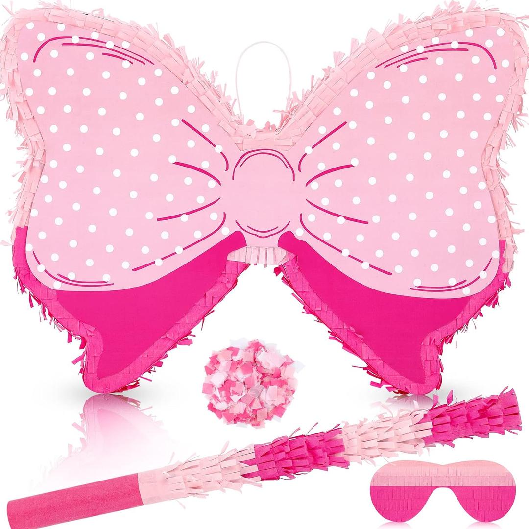 Hungdao Pink Bow Piata Birthday Party Decorative Bowtie Piata with Wooden Stick Paper Blindfold Confetti Set for Girls Boys Birthday Baby School Wedding Party Supplies(Polka Dot Bow)