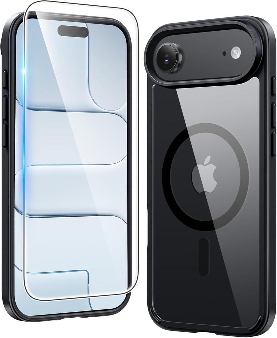 FNTCASE for iPhone Air Case Clear: Magnetic Phone Cases with Screen Protector Drop Proof Compatible with Magsafe Slim Anti Yellowing Rugged Protective Transparent Cell Phone Cover (B-Black)