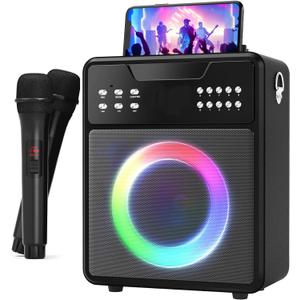 Karaoke Machine with 2 Microphones for Adults Kids Party, Portable Bluetooth Speaker with LED Lights Remote Control, Karaoke Machine for TF Card, TWS, USB, FM, REC, AUX in (Carbon Black)