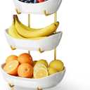 3 Tier Ceramic Fruit Bowl for Kitchen Counter Fruit Basket with Gold Metal Stand, Fruit Holder for Snacks, Nuts, Cakes, Desserts, Bread, Candy Storage