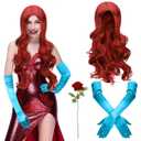 3 Pcs Halloween Rabbit Costume for Women Include Red Wig Blue Long Gloves Red Rose for Women Dress Cosplay Party