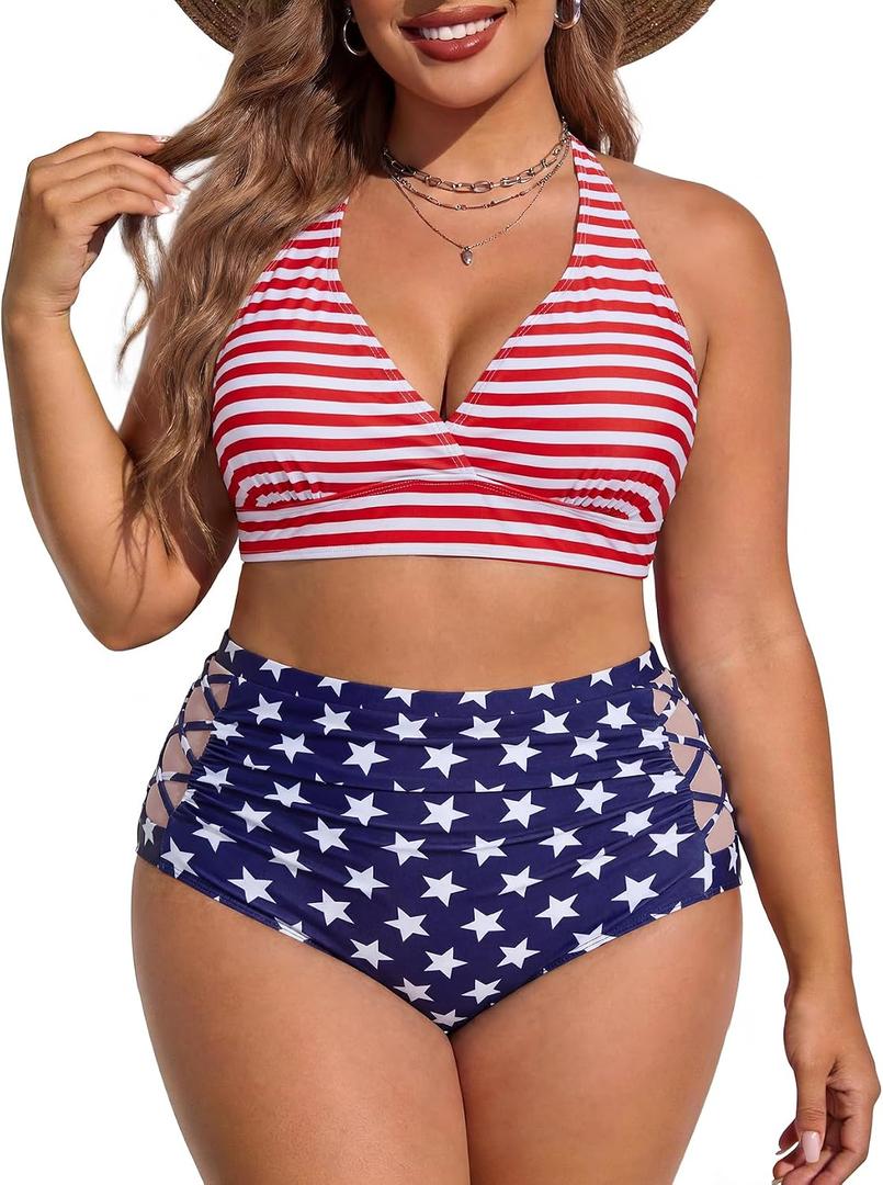 Womens Plus Size 4th of July Bikini Swimsuits USA Flag Bathing Suits Fourth of Fuly Patriotic Swim Suit Swimwear American Flag 16 Plus