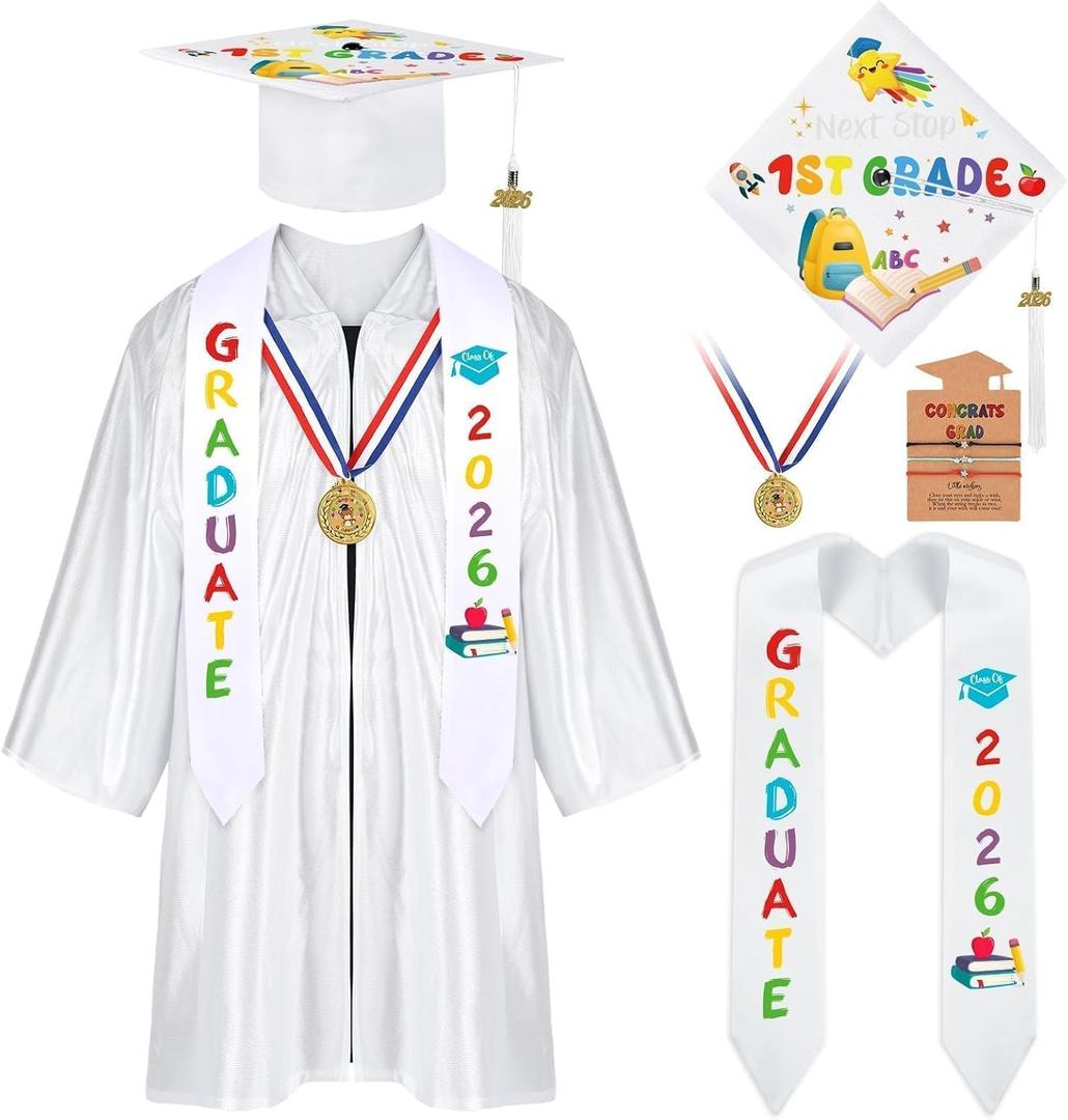 YLOLUL 2026 Kindergarten Preschool Graduation Gown Cap Set Graduation Stole Bracelet Medal Certificate Package Grad Gifts, Small, White Rainbow, 5