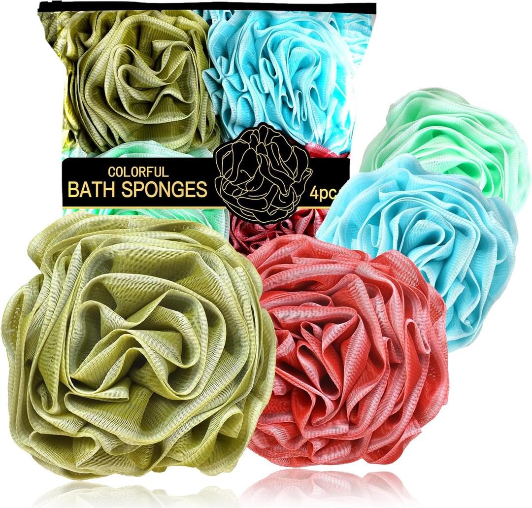 Loofah Sponge 70g, Large Exfoliating Flower Bath Sponge, Soft Durable PE Mesh with Reinforced Knotting, Rich Lather Bath Scrubber for Body, for Travel or as a Holiday Gift (4Pack, Green, Red, Blue)
