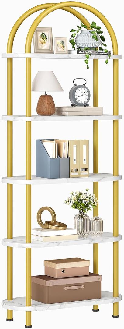 HOOBRO 5 Tier Open Bookshelf, Industrial Arched Bookcase Display Shelf Rack, Wooden Bookcase Storage Shelf Metal Frame, Tall Storage Organizer for Home, Easy Assembly, Gold DM176SJ01, 16.9"L x 11.8"W x 69.3"H