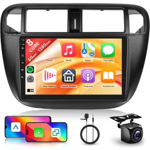 8 Core 6+128G Android Car Stereo Radio for Honda Civic 1996-2001 with Wireless Carplay Android Auto, 9'' Touchscreen Head Unit Bluetooth GPS Navigation Mirror Link WiFi FM/RDS DSP Backup Camera SWC