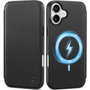 SHIELDON Slim Wallet Case for iPhone 16 Plus 5G 6.7", Genuine Leather RFID Blocking Card Case Folio Magnetic Shock-Absorbent Wireless Charging Compatible with iPhone 16 Plus 2024 - Pebbled Black