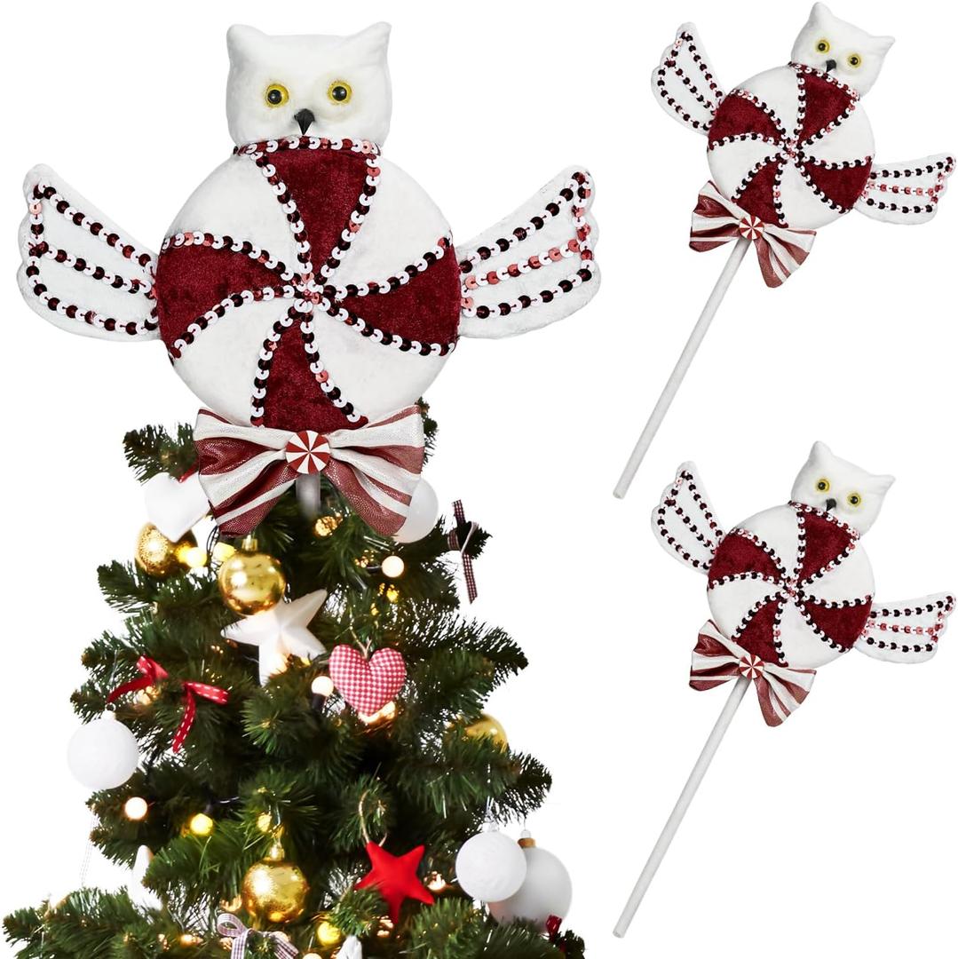 2 x 17" Large Peppermint Twist Decorations Set of 2 Velvet Lollipop Picks with Glitter Sequins Owl Wings Bows Swirl Candy Cane Ornaments for Christmas Tree Topper Stems Candy-Themed Home Decor (Red White)