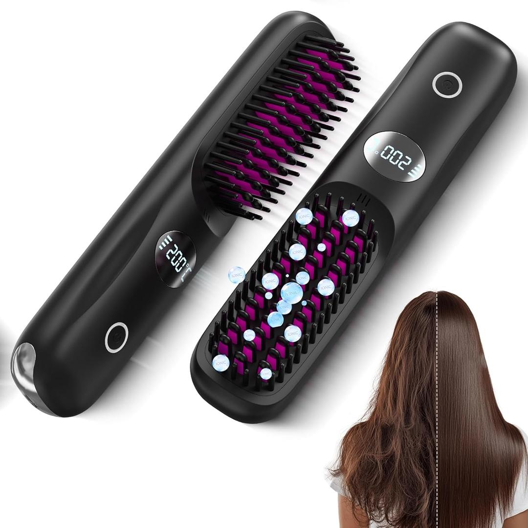 Go Brush Pro 2026 Negative Ionic Cordless Hair Straightener Brush Fast Heating Ceramic Brush for Women Portable Straightener Brush Smooth Frizz Free Hair Brush CP-S8