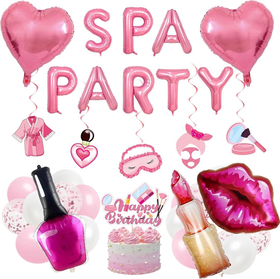 Spa Party Decorations Balloons Set Pink Spa Theme Birthday Decorations with Banners Lipstick Nail Polish Lip-Shaped Balloons for Girls Makeup Party Hot Pink