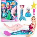 Yellow River Mermaid Princess Doll with Little Mermaid and Pink Dolphin Playset, Blonde Hair Mermaid Toys with Accessories, Gift for 3 to 7 Year Old Girls