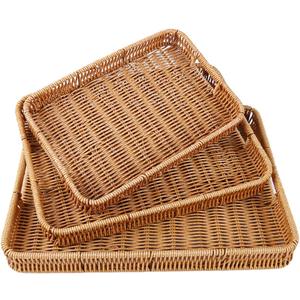 Woven Serving Tray with Handles, Handmade Poly Wicker Tray for Storage Breakfast, Drinks, Fruits, Rectangular Basket Organizer Platters for Coffee Table Centerpiece Decor (3, Light Color)
