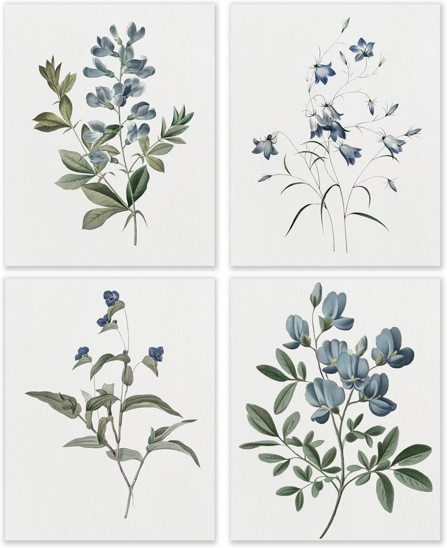 BESERH Blue Wild Indigo Floral Wall Decor, Rustic Botanical Wall Art Prints, Cottagecore Aesthetic Flower Posters for Bedroom Living Room Home Office, 8x10 Inches Set of 4 Unframed