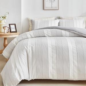 WARMDERN Light Grey Striped Weave Duvet Cover Queen Size, White Knit Boho Duvet Cover Set, Microfiber Textured Bedding Set with Zipper Closure and Corner Ties (Light Grey, Queen)