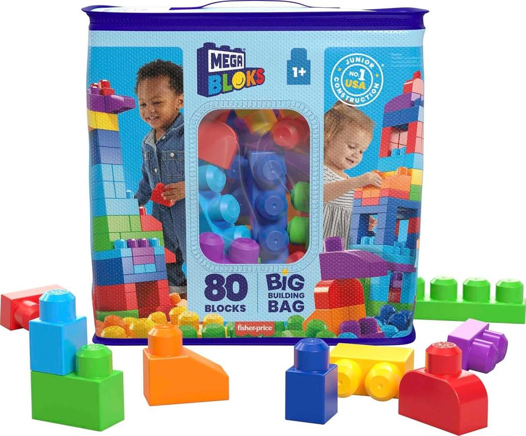 MEGA BLOKS First Builders Toddler Blocks Toys Set, Big Building Bag with 80 Pieces and Storage, Blue, Ages 1+ Years (Blue Bag)