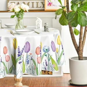 Horaldaily Spring Summer Tablecloth 60x60 Inch Round, Easter Watercolor Wild Flowers Tulip Lavender Blooming Floral Table Cover for Party Picnic Dinner Decor
