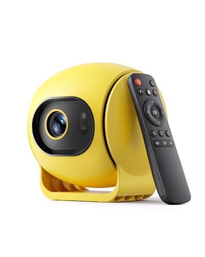 【Ultra Short Throw & TOF Real-time Focus】Mini Projector Built-in Apps, 1080P Smart Projector with WiFi and Bluetooth, Support Type-C Powered, Android 14 OS, Portable Outdoor Movie Projector (Yellow)