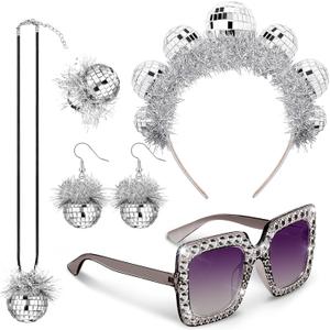 Tudomro 5 Pcs 1970s Disco Outfit Woman Party Costume Set Disco Ball Earrings Headband Ring Sunglasses & Necklace Accessories