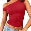 Trendy Queen Womens One Off The Shoulder Tops Going Out Crop Tank Top Sleeveless Shirts Y2K Basic Slim Fitted Cute Asymmetrical T Summer Holiday Asymmetrical Outfits Red, Medium