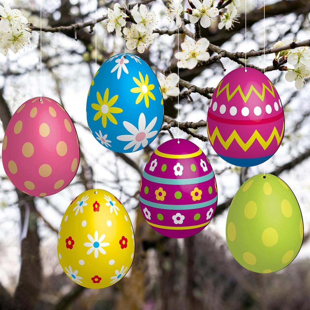 6 Pieces Easter Egg Outdoor Decoration 7.9 Inch Wooden Egg Hanging Ornaments Double Sided Large Colorful Easter Yard Signs for Tree Porch Yard Party Decor