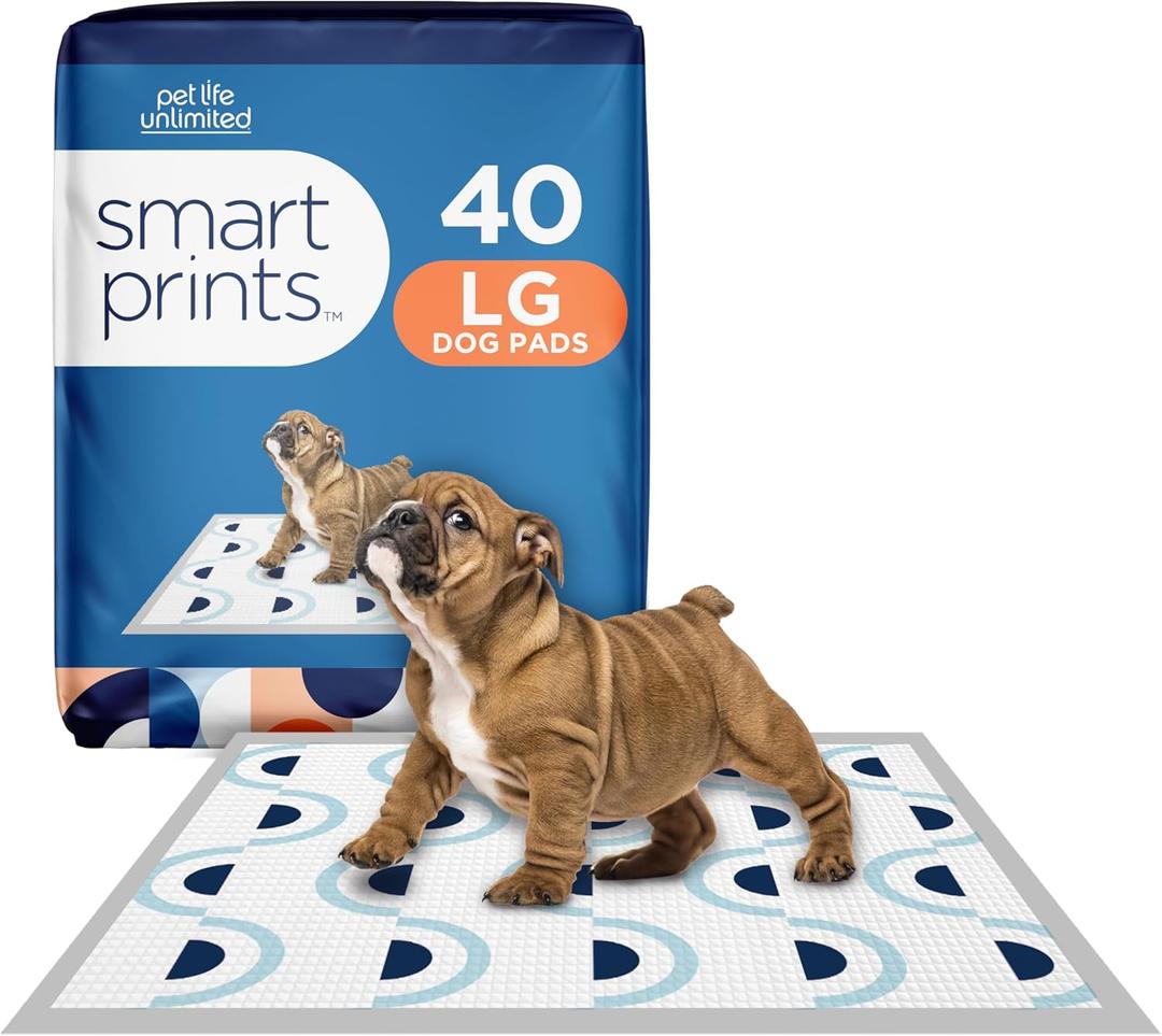 Pet Life Unlimited Smart Prints Large Puppy Pads  22" x 22", 40 Count (L) | Stylish Dog Training Pads with Odor Controlling Wetness-Activated Sweet Bluegrass Scent | USA Made
