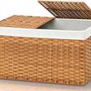 Storage Basket with Lid  Foldable Rattan Woven Basket with 2 Separate Lids, 17.2 Gallon (65L), 22  13  13.8 Inches, with 1 Removable Liners & Side Handles, for Bedroom, Laundry, Natural