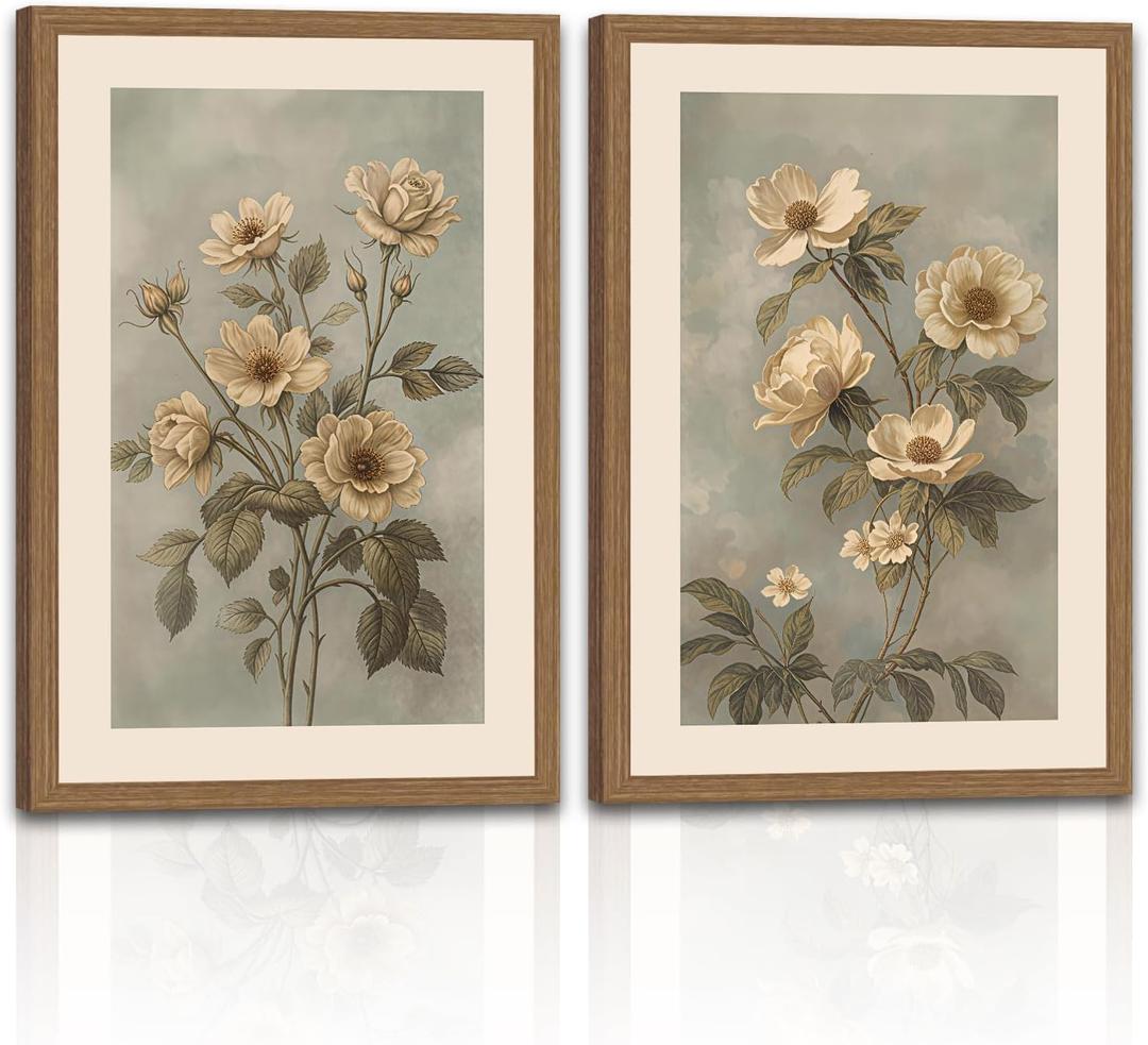 2Pcs Framed Vintage Floral Wall Art, Rustic Botanical Canvas Prints 16x24in