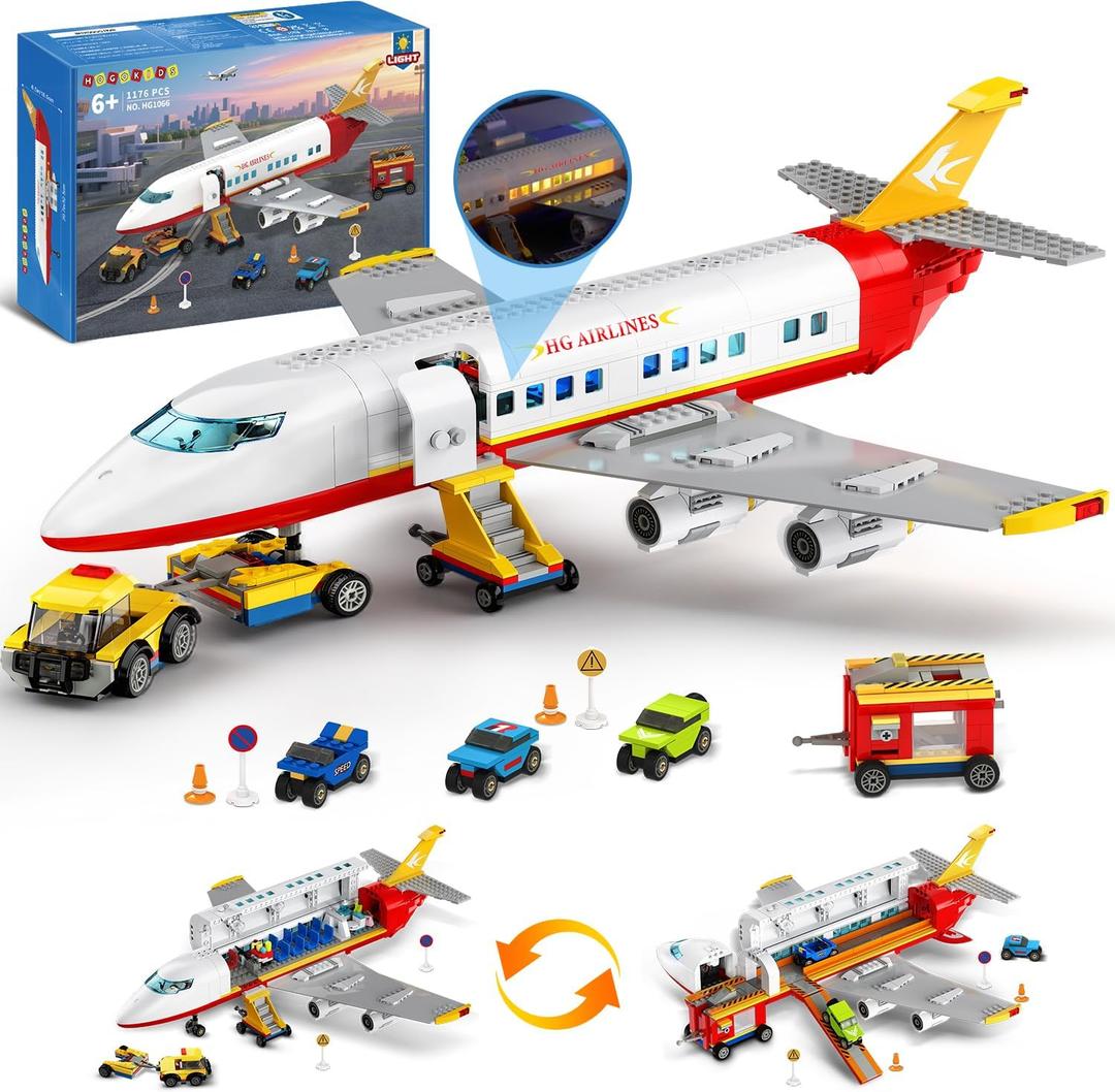 HOGOKIDS 2 Style City Airplane Building Set with LED Light - Plane Building Blocks Switch Passenger Cargo Projectile Toy with 3 Cars, Planes Model Toys Valentines Gifts for Kids Boys Girls Age 6-12+