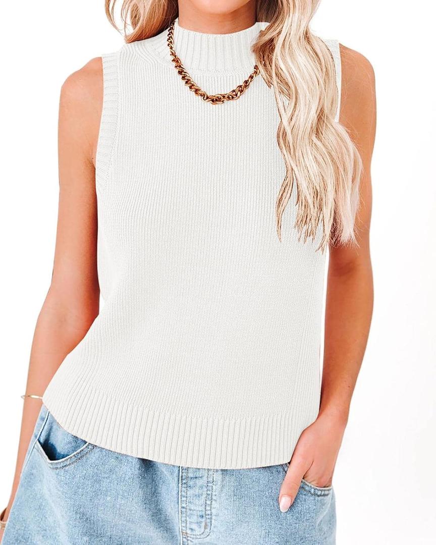 Rilista Women Summer Knit Tank Tops Sleeveless Turtleneck Cami Shirts Ribbed Mock Neck Pullover Sweater Vests (White, S)