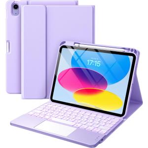 Compatible for iPad 11th 10th Generation Case with Keyboard, Folio Cover with Pencil Holder, Multi-Touch Trackpad, 7 Color Backlit, Detachable Keyboard for iPad (A16) 11th/10th Gen (Purple)