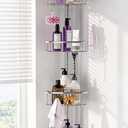 Corner Shower Caddy Tension Pole: Stainless Steel Rustproof 4-Tier Shower Organizer - 47-121 inch Adjustable Bathroom Shelves for Bathtub Shampoo Storage - Tension Rod Floor Standing Bath Rack - Silver