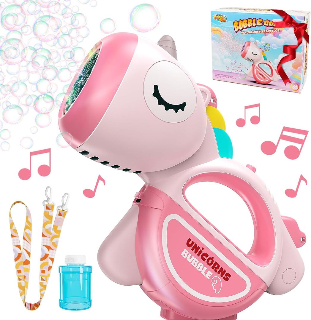 Bubble Machine Gun with Lights Music, Portable 360Leak Proof Automatic Bubble Maker Machine for Kids Toddler 1-3 4-8 Parties, Bubble Blower Birthday Gift