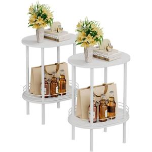 White Side Table Set of 2,Small Modern Round Side Table with Storage,2-Tier Nightstand,End Table for Small Space,Living Room,Bedroom, Nursery, (2PC, White) (2PC Oval (11.8*15.8 Inch))
