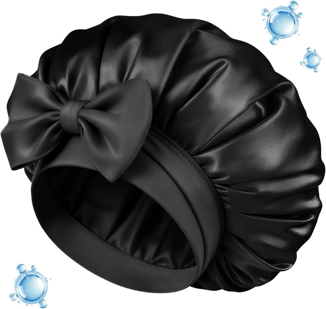 3 x Silk Bonnet for Sleeping Women Double Layer Hyaluronic Acid Satin Bonnet with Adjustable Tie Band Sleep Cap for Curly Hair (Black)
