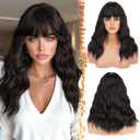 BARSDAR 18 Inch Wavy Dark Brown Wig With Bangs - Medium Length Brown Wig With Bangs for Women, Natural Wavy Curly Synthetic Shoulder Length Wigs Daily Party Halloween