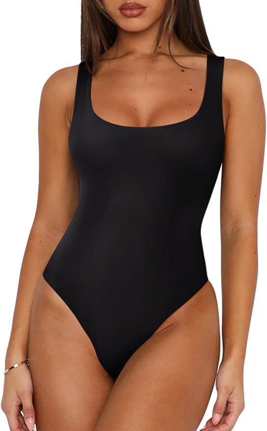 REORIA Women's Sexy Square Neck Sleeveless Double Lined Basic Bodysuits Backless Tank Tops Going Out, XL