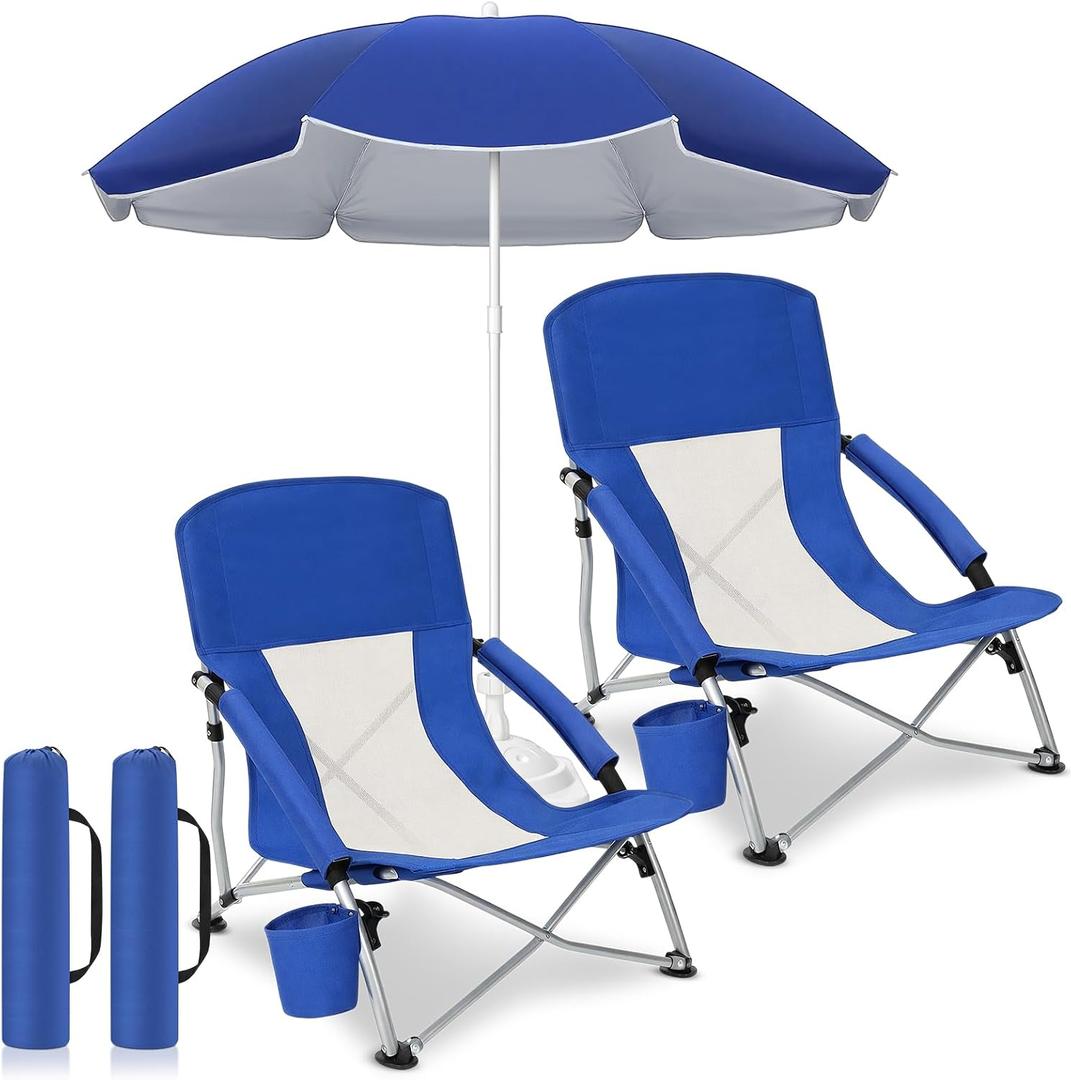 Colingmill 3 Pcs Folding Beach Chairs with Umbrella, Low Outdoor Chairs for Adults with Cup Holders and Carry Bags, Portable Set with 61 Inch Shade Canopy, 300 lbs Capacity(Navy Blue)