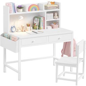 BOLUO White Kids Desk with Hutch for Kids Desk and Chair Set 10-12 Year Old, Children Study Desk with Fabric Drawer Storage for Girls Boys