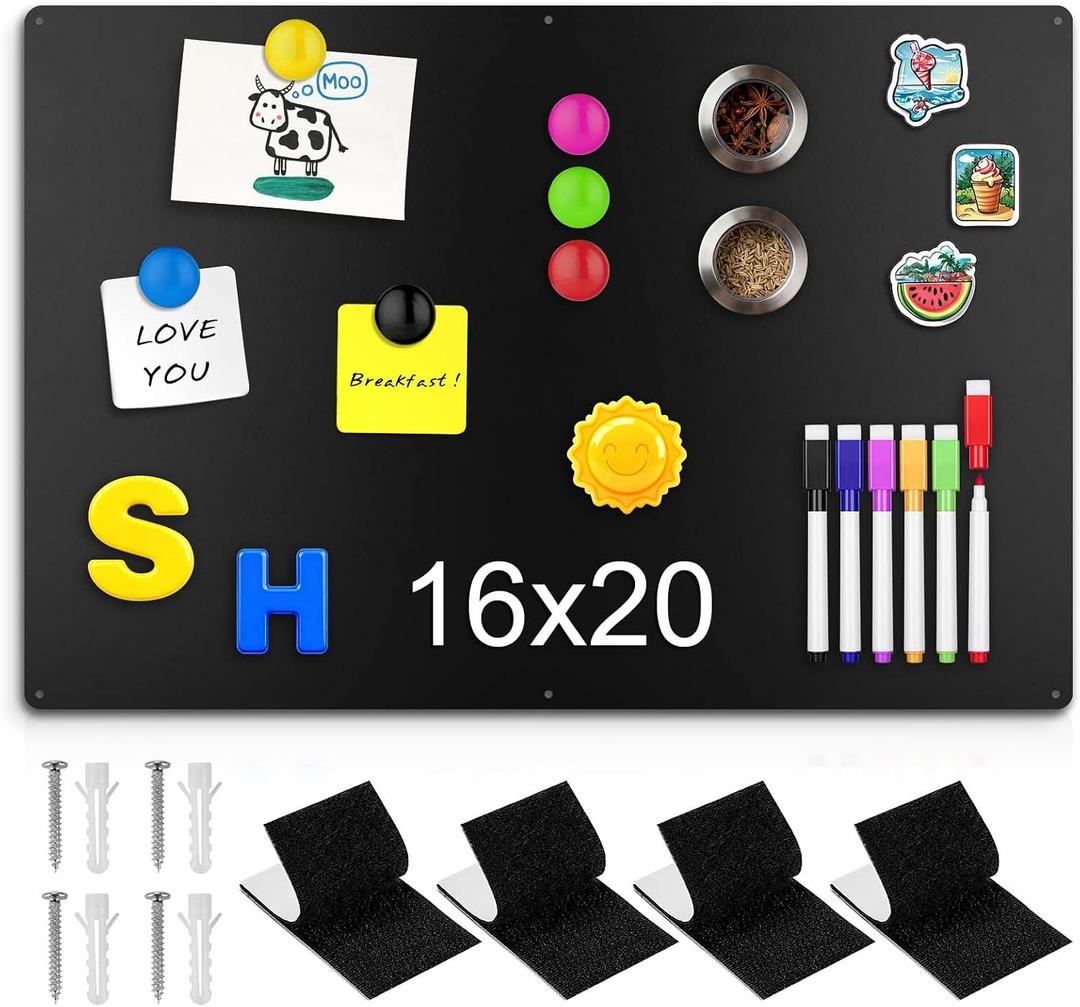 16" x 20" Magnetic Board, Black Magnet Bulletin Board to Display Magnetic Letters, Metal Board for Wall, Refrigerator Photo, with Dual Lock Tape and Screws, Marker Pen