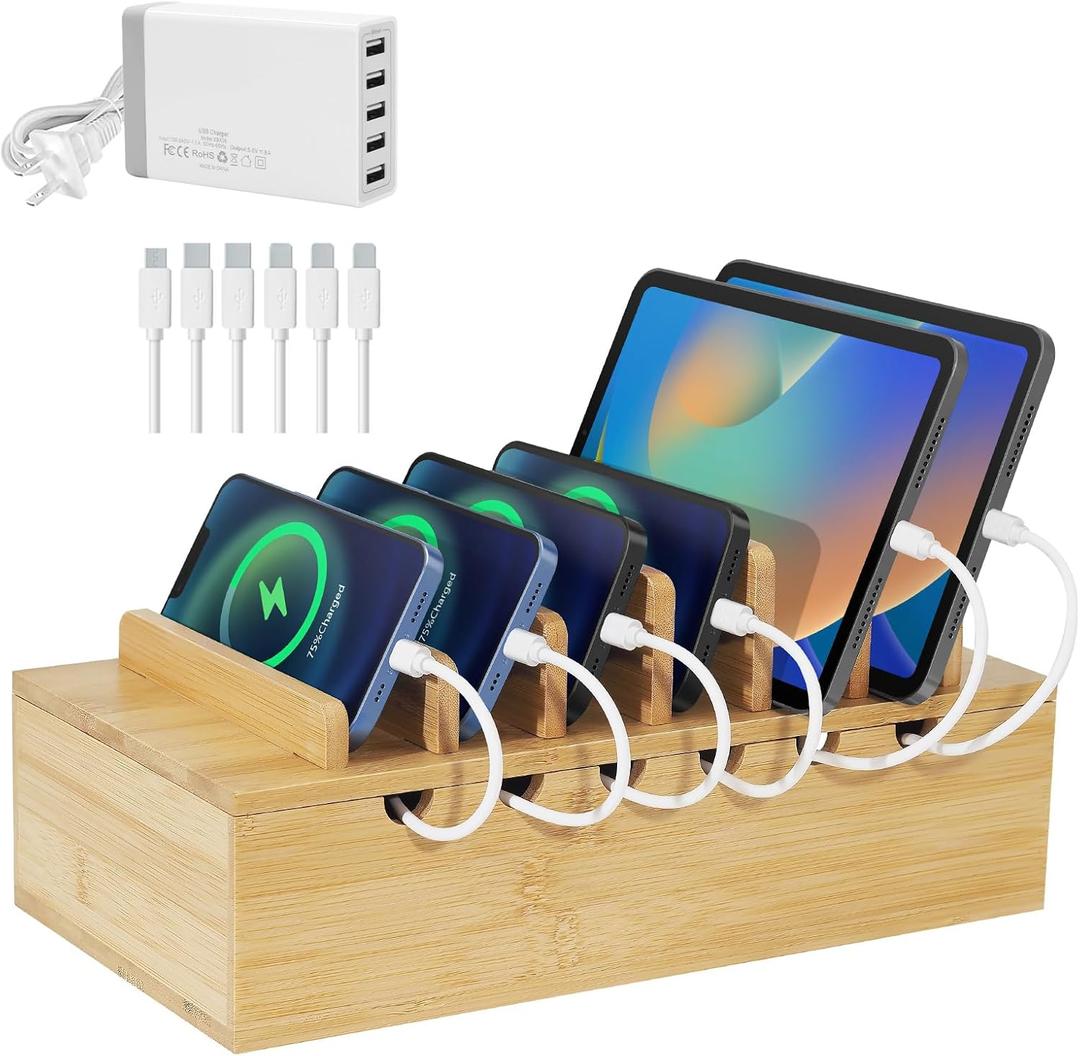 Bamboo Charging Station for Multiple Devices (Includes 5 Port USB Charger, 6 x Charge Cables), Upgrade Desk Docking Stations Organizer for iPhone Devices, Tablets, Laptop Holder Stand