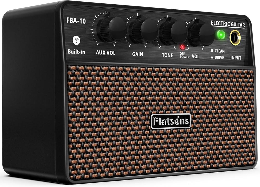 Flatsons FBA-10 Guitar Amp, 10W Mini Electric Guitar Amplifier with Clean/Drive Channel, 6H Working, USB-C Rechargeable, 3.5mm Headphone/AUX Jack, Wireless Portable Amp for Indoor Practice, Traveling