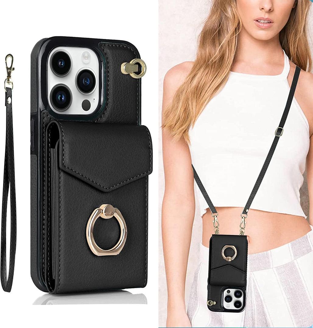 Crossbody Wallet Phone Case for Samsung Galaxy S21 Ultra Leather Case with Credit Card Holder & 360 Ring Kickstand & Wrist Strap Purse Cover Magnetic Closure Flip Handbag Shell (Black)