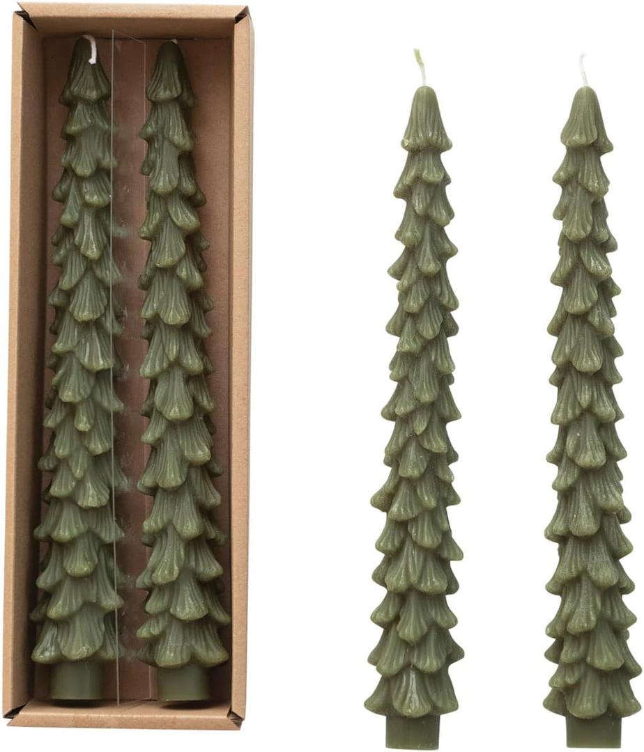 Creative Co-Op Unscented Tree Shaped Taper Candles, Evergreen, Boxed Set Of 2 (10")