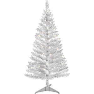 4ft Lighted Artificial Silvery Christmas Tree, Not Pre-lit Silvery Tinsel Pine Trees with Lights, Ideal for Ideal for Home, Office, and Xmas Party Dcor - Includes Stand