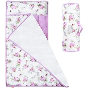 Toddler Nap Mat for Girls Floral, Toddlers Sleeping Mat with Fleece Blanket, Lightweight Perfect for Toddlers Preschool, Daycare, Travel Sleeping Bag, Fit Standard Cot (21" x 50")