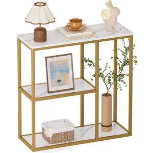 WOHOMO 31.5" Narrow Console Table with 3-Tier Storage, Industrial Sofa Table for Entryway, Living Room & Hallway - Gold Marble Faux Top, Sturdy Metal Frame