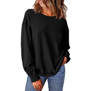 WIHOLL Womens Long Sleeve Shirts Fall Tops Casual Crewneck Loose with Pocket Trendy Clothes (Medium, Basic Black)